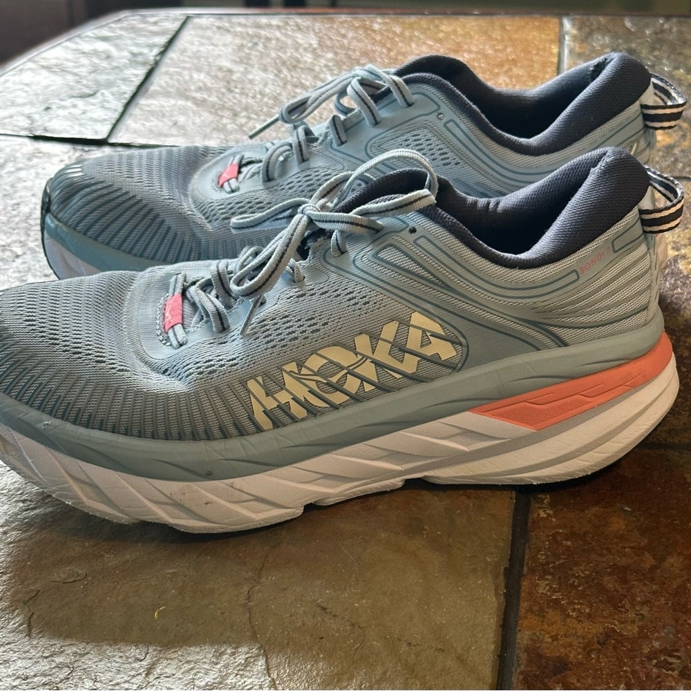 Hoka Blue and White Athletic Shoes with Maximalist Cushioning